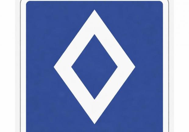 Cartello stradale blu con rombo bianco